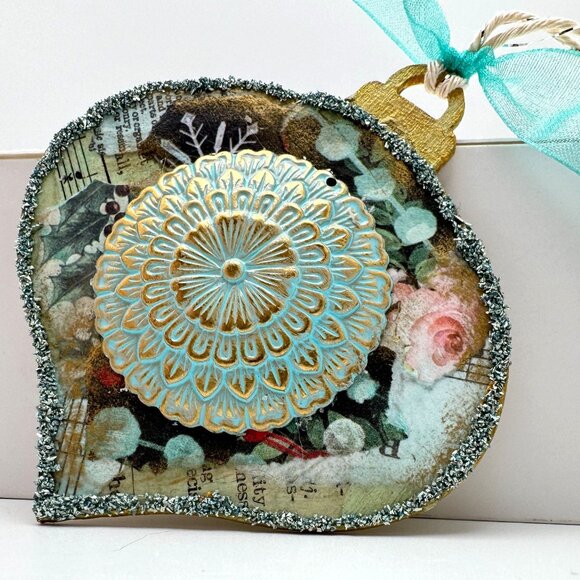 Handcrafted Ornament OOAK Collage Gold Flower & Turquoise Accents 3" Ribbon - Picture 2 of 7